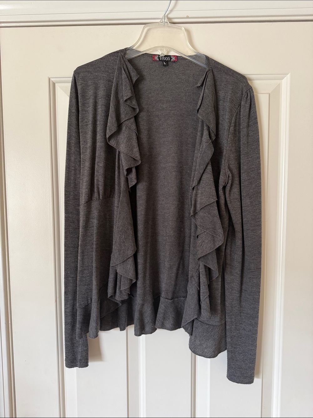Trixxi Charcoal Ruffle-Front Women's Cardigan